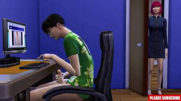 Japanese step-mom catches step-son masturbating in front of computer